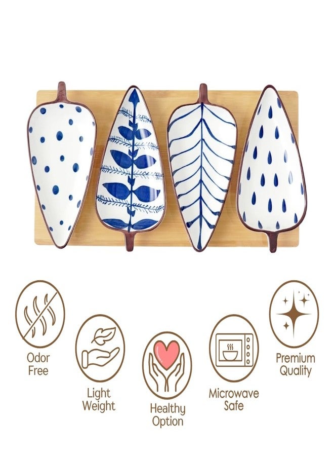 Femora Ceramic Serving Platter | 4 Small Leaf-Shaped Plates with 1 Wooden Tray | Perfect for Serving Sweets, Cookies, Dry Fruits, Mouth Freshner & Snacks (Blue & White). - Image 5